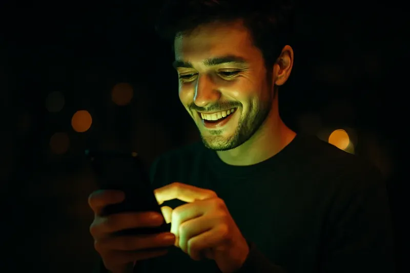 Young man smiling while tapping phone with green and gold light