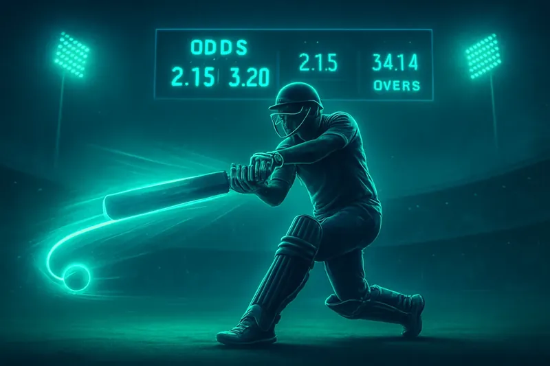 Batsman hits cricket ball with neon trail, odds scoreboard behind