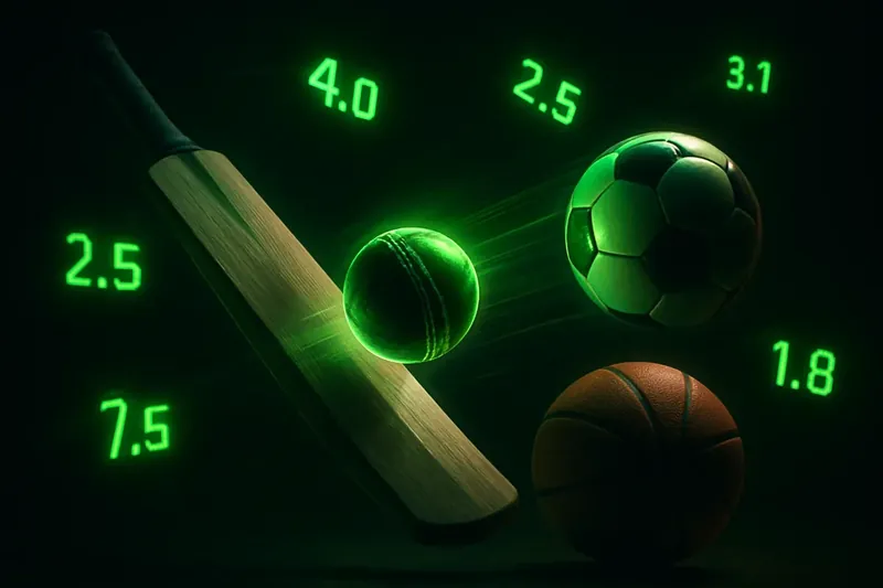 Dynamic sports montage with cricket, football, basketball and glowing odds