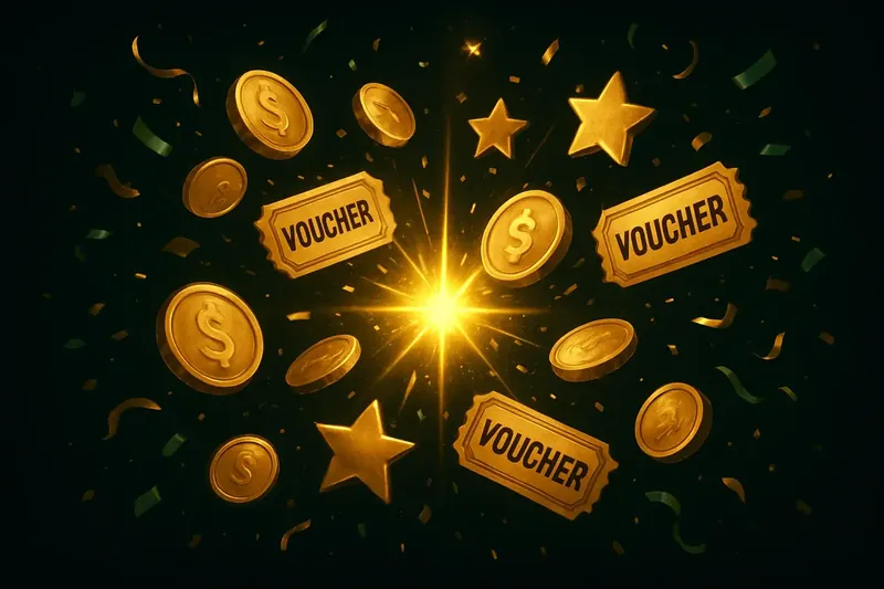 Golden coins, voucher tickets, and stars bursting from bright flash