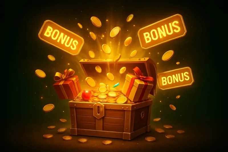Golden treasure chest bursting with coins, gems, gifts, and bonus tags