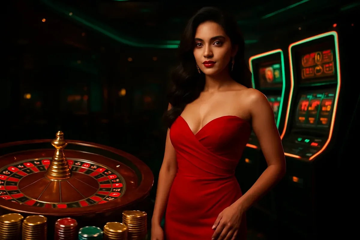 Bangladesh casino homepage banner with woman in red dress, roulette and slots