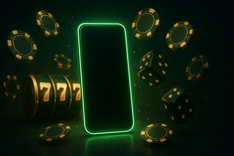 Glowing smartphone with floating casino chips, slot reels, and dice