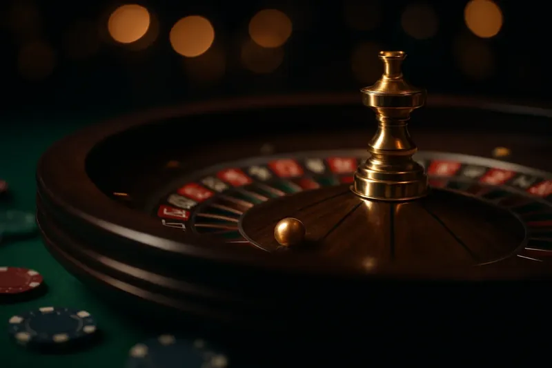 Close-up roulette wheel spinning with golden ball, chips, and bokeh lights