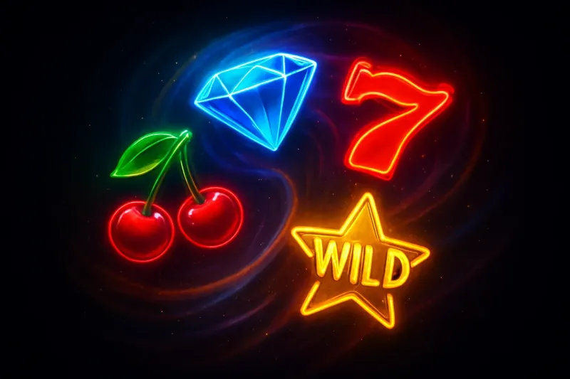 Colorful slot symbols in magical neon swirl on dark premium background